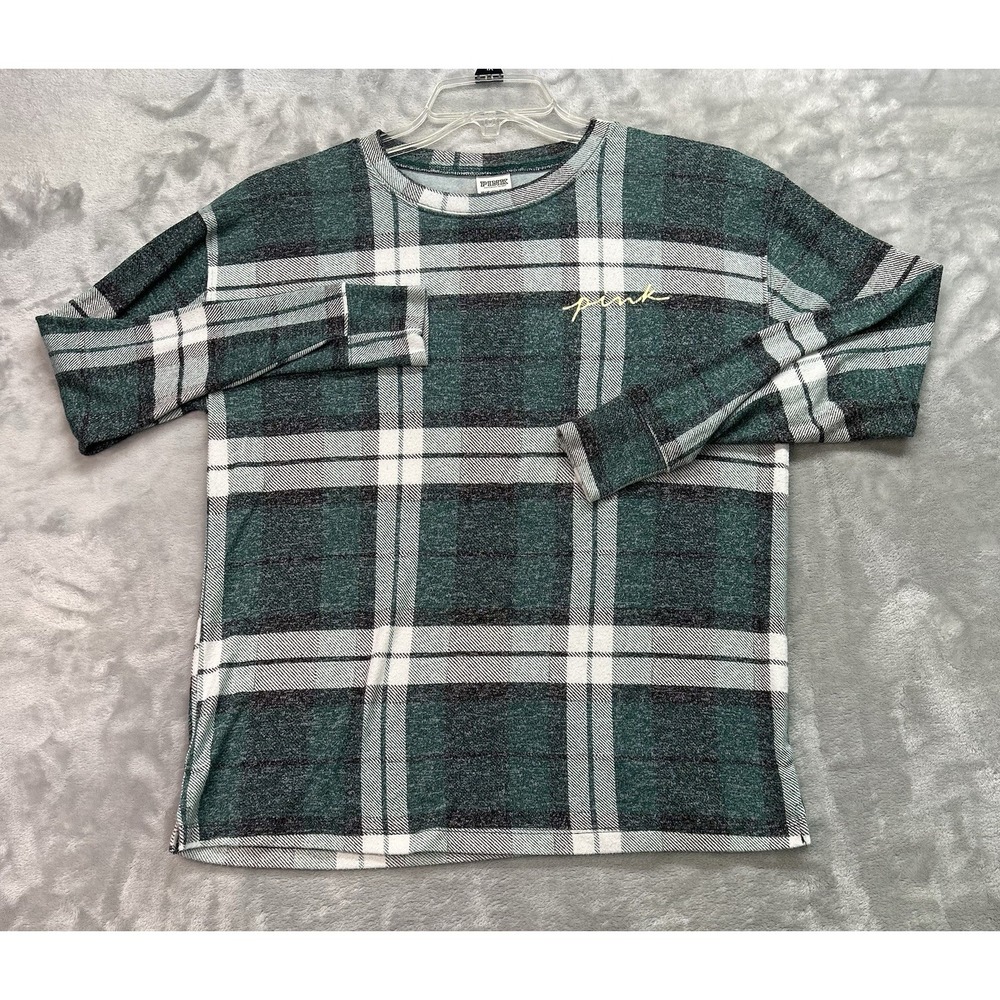 Pink Womens XS Cozy Soft Sleep Wear Top Long Sleeve Plaid Sleep Shirt Relaxed